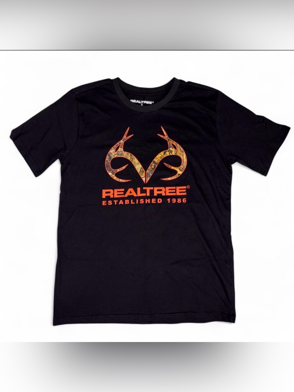 Realtree Black Tee with Orange Camo Antler Logo
